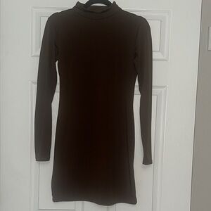 SHEIN Brown Ribbed Bodycon Dress Mock Neck Long Sleeve